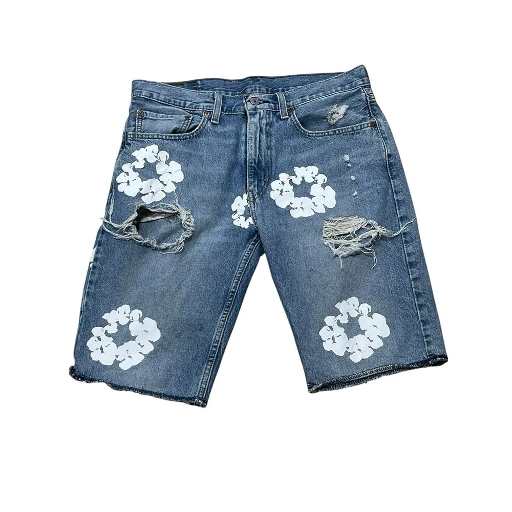 Levi 412 Cutoff Grunge Painted Stamped Denim  Men's Jean Shorts Size 34